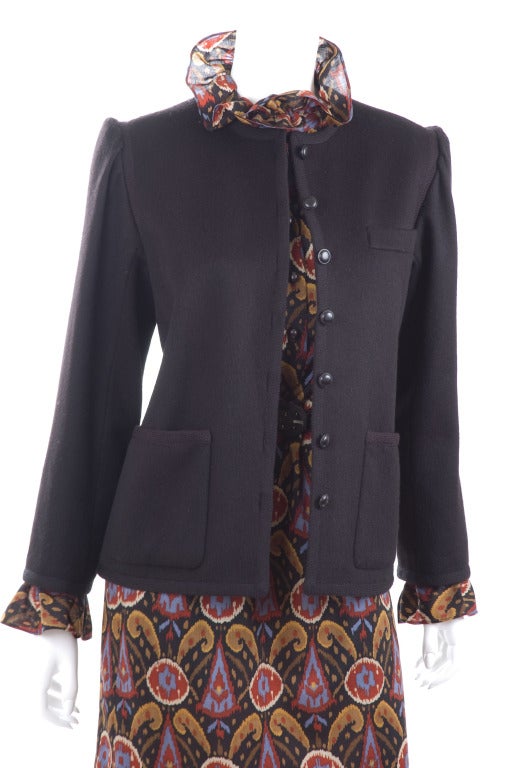 Vintage Yves Saint Laurent Wool Muslin Dress & Black Wool Jacket. For Sale 2
