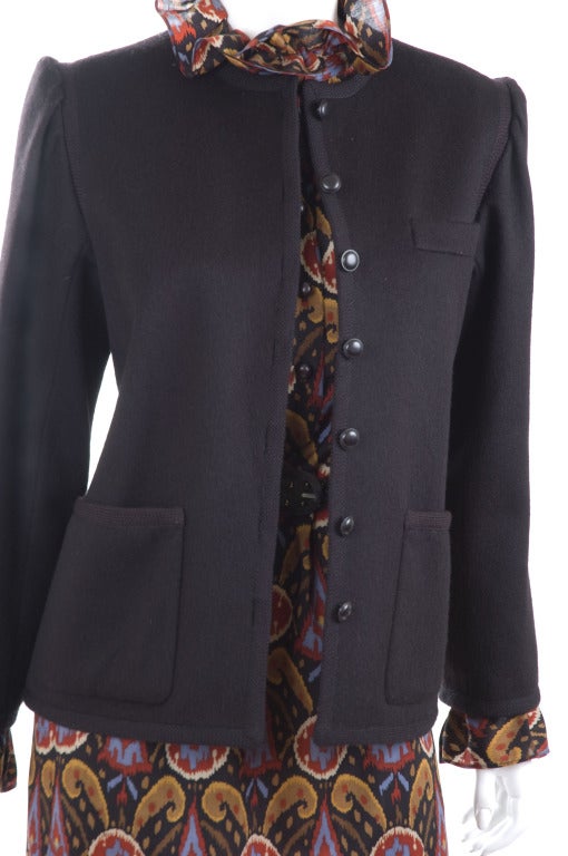 Vintage Yves Saint Laurent Wool Muslin Dress & Black Wool Jacket. For Sale 3
