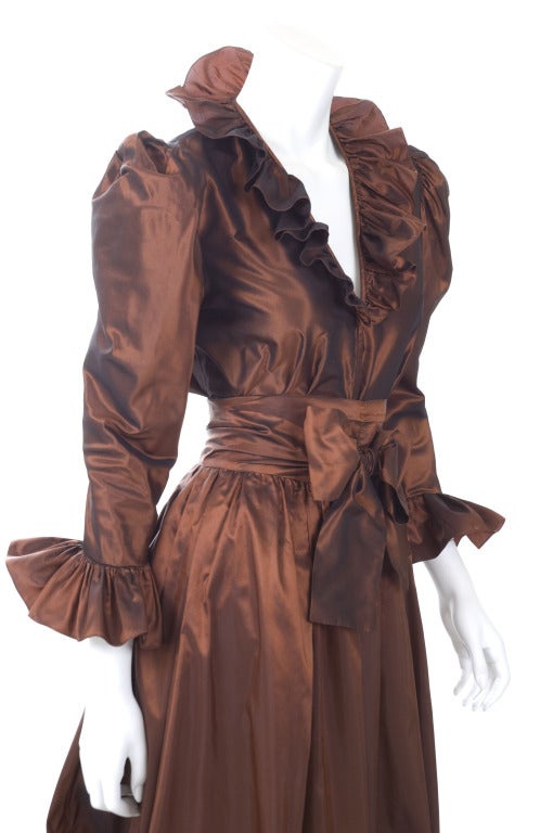 Brown 1978 Yves Saint Laurent Silk Taffeta Blouse and Skirt Gown For Sale