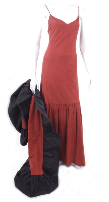 Brown Vintage 80's Red Suede Leather Stravropoulos Evening Dress and Stole For Sale