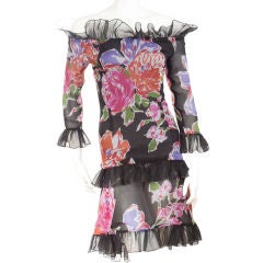 Retro 80's Yves Saint Laurent Floral Silk Chiffon Dress