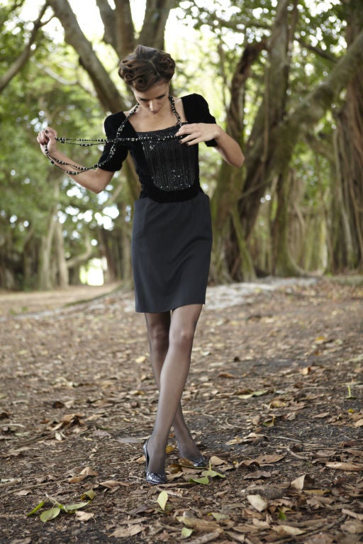80's Jacqueline de Ribes Black Cocktail Black Velvet & Wool Dress with Sequins For Sale 3