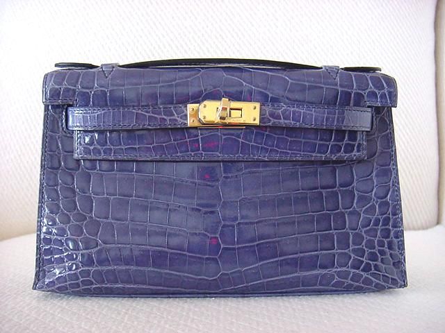 HERMES Crocodile Kelly Pochette Clutch Exquisite BRIGHTON BLEU