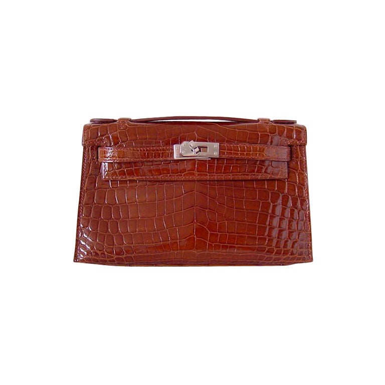 HERMES Crocodile Kelly JPG POCHETTE Clutch 2DIE4 Miel RARE