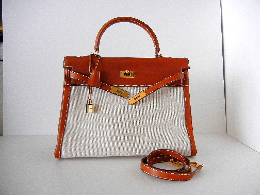HERMES KELLY 35 Geschmeidige Tasche Begehrtes BARENIA TOILE Gold