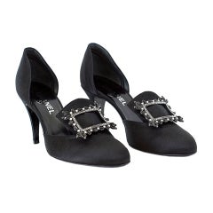 CHANEL shoe DRAMATIC black satin d'orsay pump large buckle front