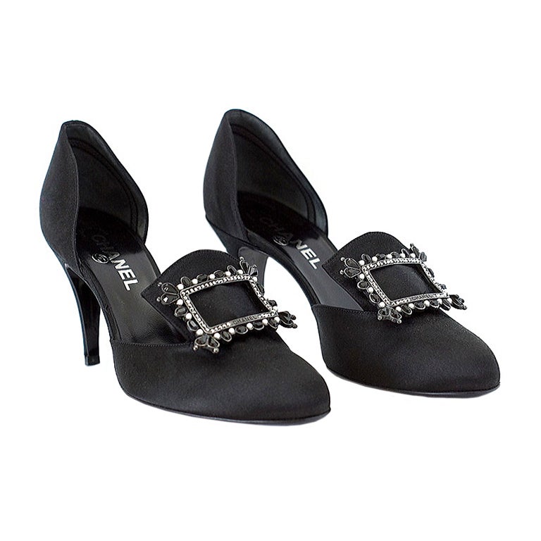CHANEL shoe DRAMATIC black satin d'orsay pump large buckle front at 1stdibs