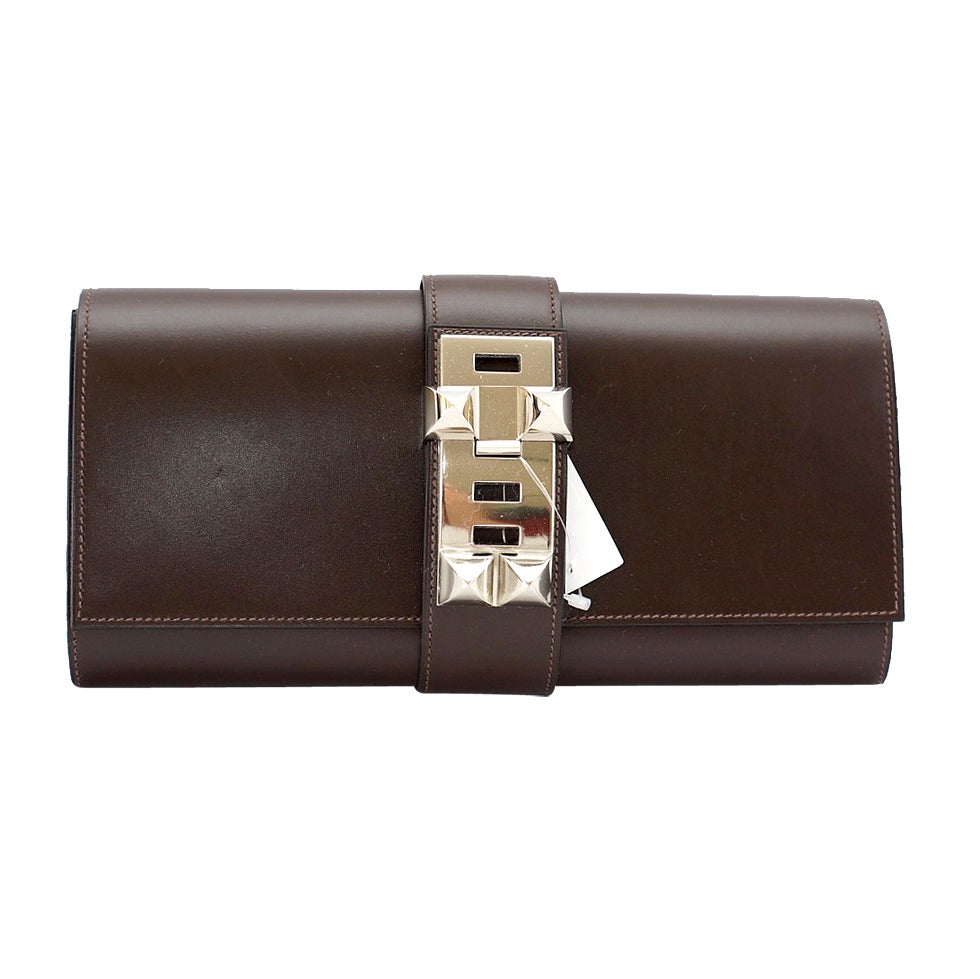 HERMES Medor clutch Chocolate Brown box leather palladium For Sale