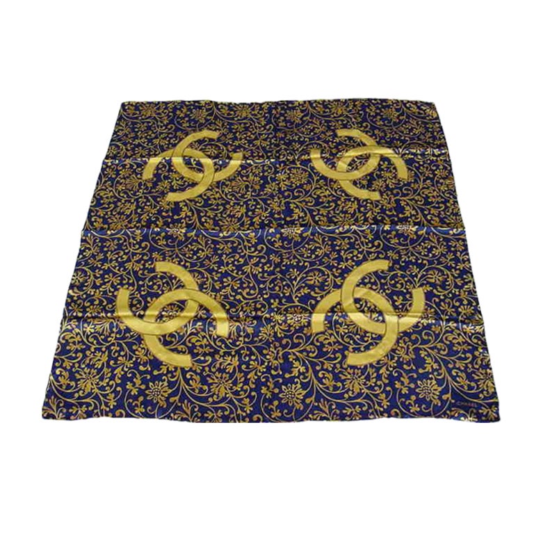 CHANEL Unique Silk Scarf  very dark Navy gold Large CC