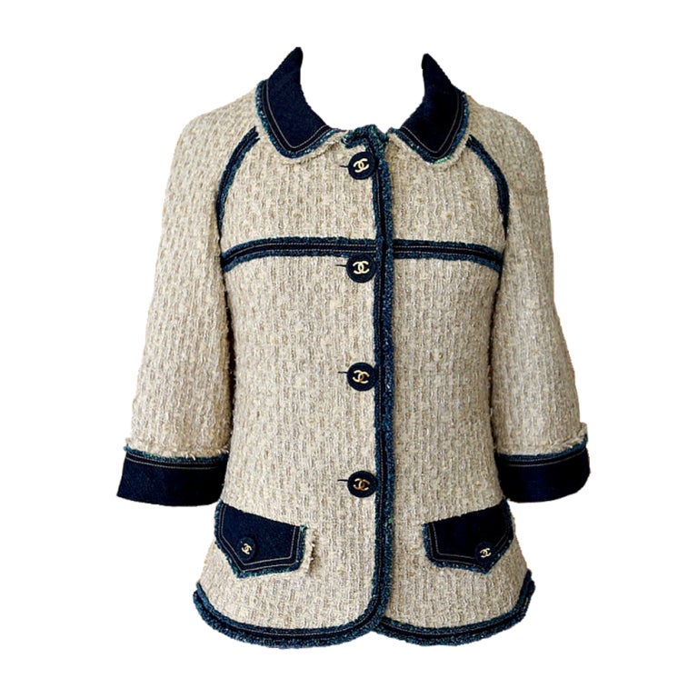 CHANEL 07P jacket 3/4 sleeve Tweed blue jean trim Grt buttons 36