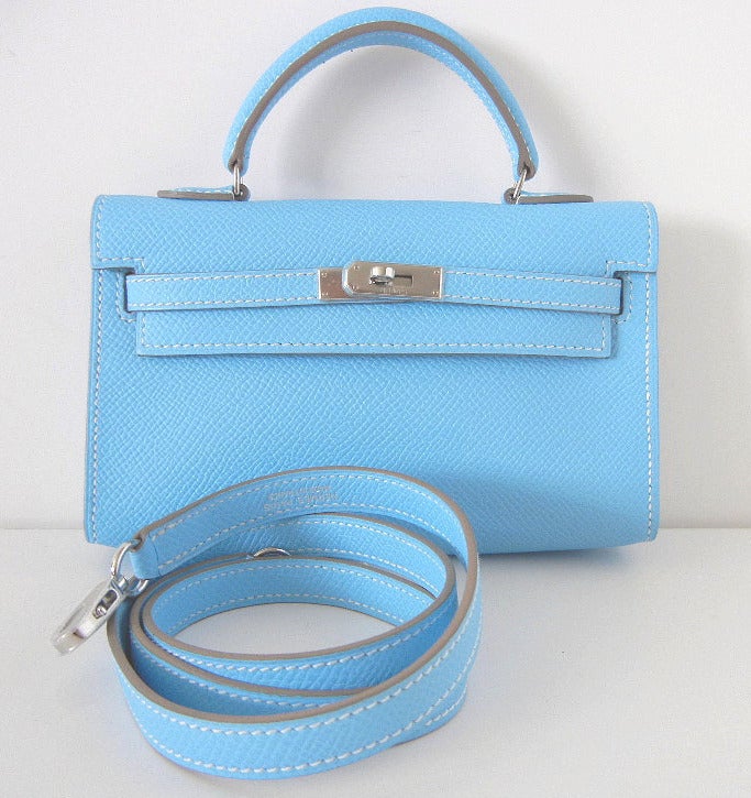 Special Limited Edition mini miniature KELLY.  No longer made.
This exquisite sky blue jewel has white top stitch detail and palladium hardware. 
This Candy series colour is sure to become a classic as it is utterly neutral and perfection for year