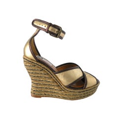 LANVIN shoe soft gold leather shaped jute wedge 7 NEW superb