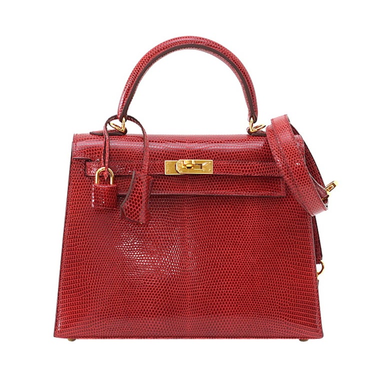 HERMES 25 Lizard KELLY bag ROUGE gold hardware new very rare at