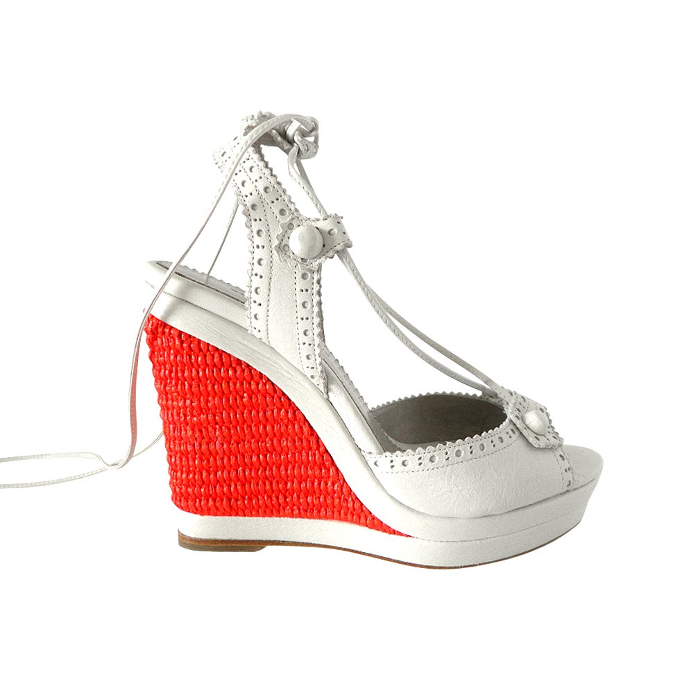 BALENCIAGA shoe white leather ankle tie rafia coral wedge 7 NEW