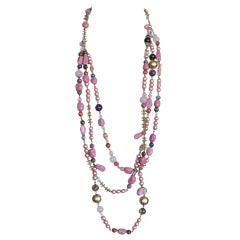 CHANEL Vintage  Long Necklace pink pearls stones gold CC