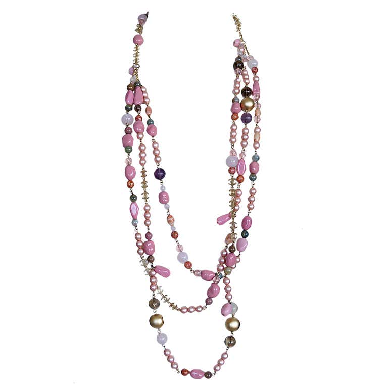 CHANEL Vintage Long Necklace pink pearls stones gold CC at 1stDibs