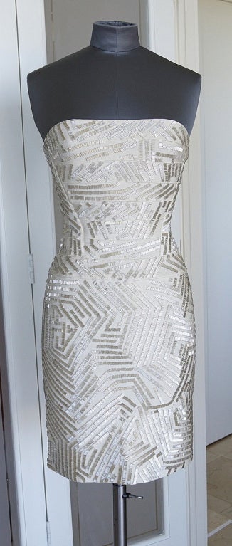 Herve Leger Dress Signature Bandage Strapless Silver Bugle Beads S For