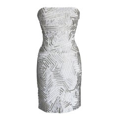 HERVE LEGER Dress Signature Bandage Strapless Silver Bugle Beads S 6