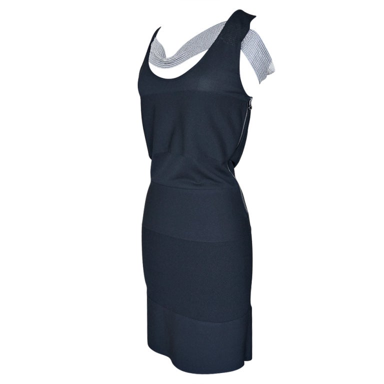 Women's Balmain Dress Black Knit Silver Chain Mail Mesh Detail 40 / Fits 4 to 6 For Sale