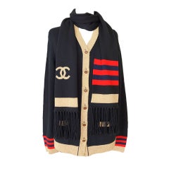 CHANEL 09A Cardigan w Scarf Cashmere Gold Trim star buttons NW