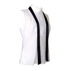 CHANEL 03C Top white linen tuxedo black satin tie 44 8 NWT smashing