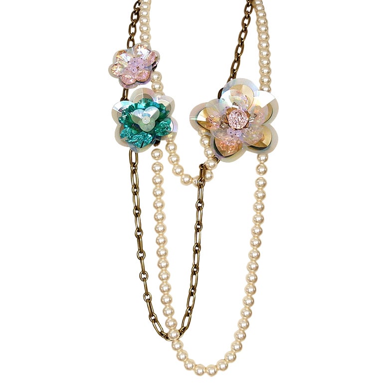 LANVIN necklace pearls links Sautoir flowers hand made New