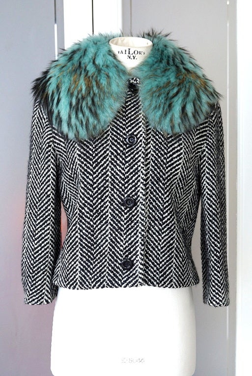 M MISSONI herringbone jacket detachable faux fur collar 42 / 6
