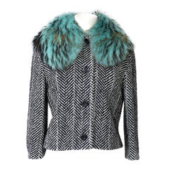 M MISSONI herringbone jacket detachable faux fur collar 42 / 6