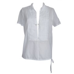 CHANEL 04C top white cotton tuxedo pleating detail pearl buttons 42 / 8 3