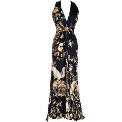 ROBERTO CAVALLI Dress Gown Bird Print Subtle Metallic Deep V Neck 42 / 8 