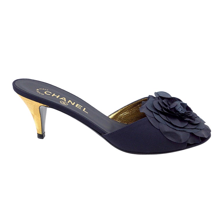 CHANEL shoe faille mule large Camellia gold metal heel 8.5 /38.5