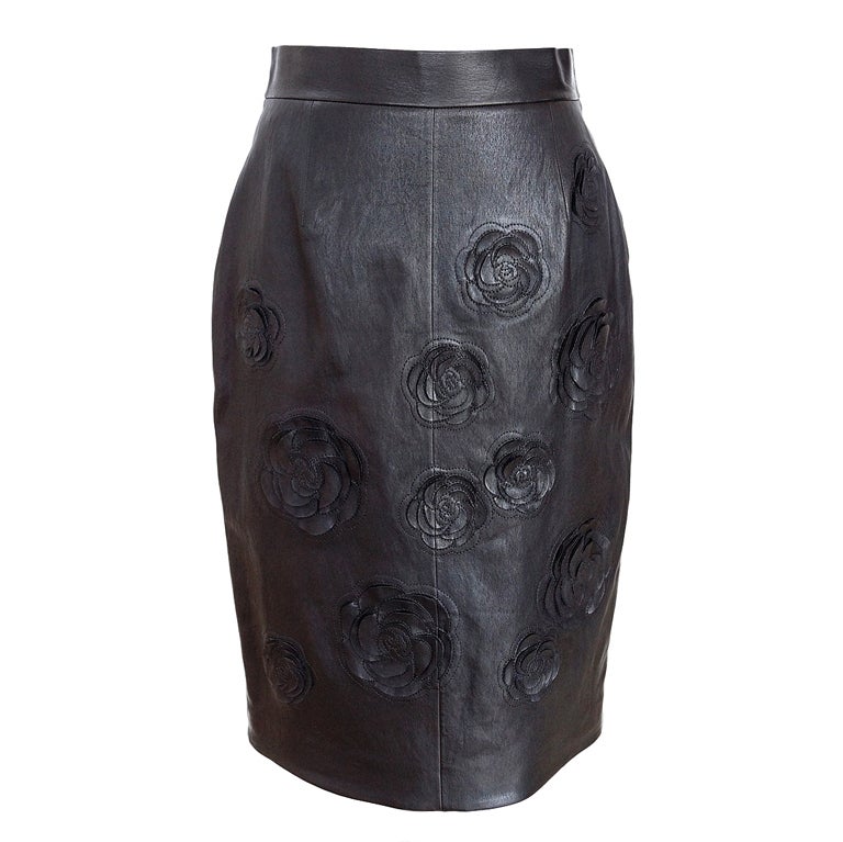 CHANEL leather skirt Camelia Applique Shanghai Collection 40 6 at 1stdibs