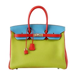 HERMES BIRKIN 35 Tasche Dreifarbige Sonderanfertigung Vert Anis Rouge Garrance Blauer Jean