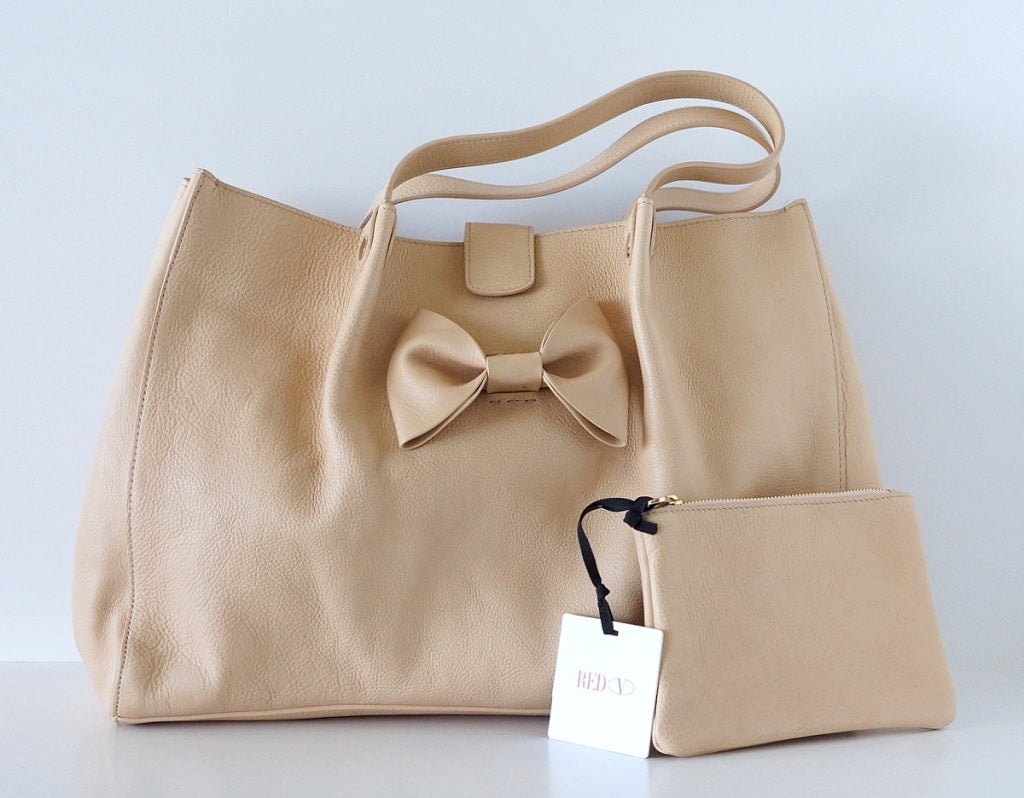 VALENTINO bag large feather light leather tote NEW putty nude great bow