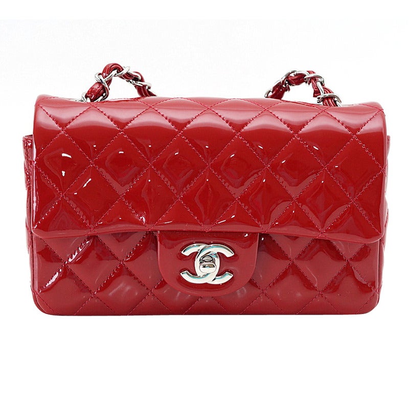 Chanel Bag Classic Flap Mini Rectangle Patent Leather Red New Box