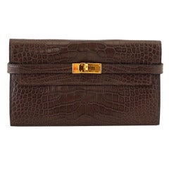 Hermes Kelly Long Wallet / Clutch Matte Havanne Alligator Gold Hardware