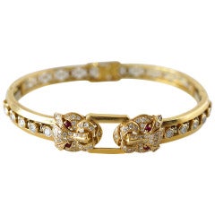 Bracelet 18K Yellow Gold diamonds rubies Leopard face Bangle