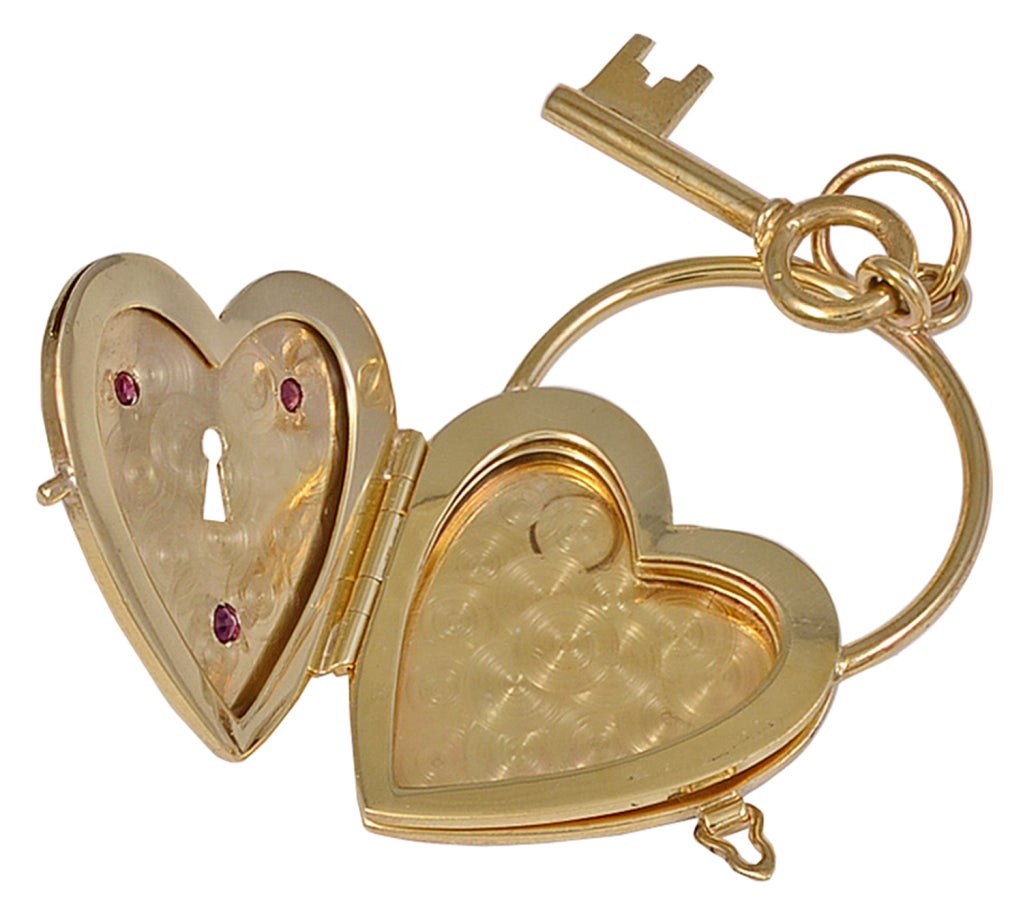 Retro Heart and Key Four Picture Ruby Gold Locket