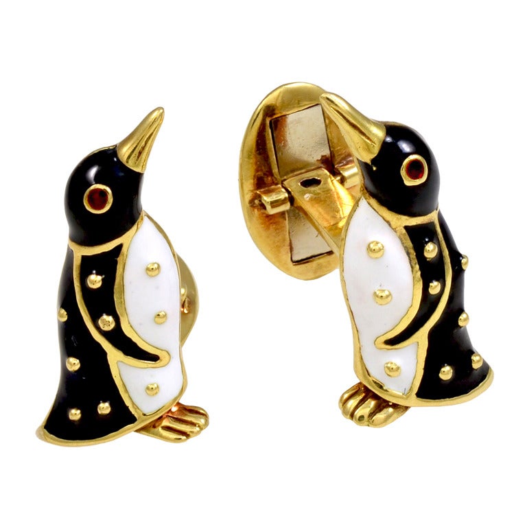Penguin Enamel and Gold Cufflinks