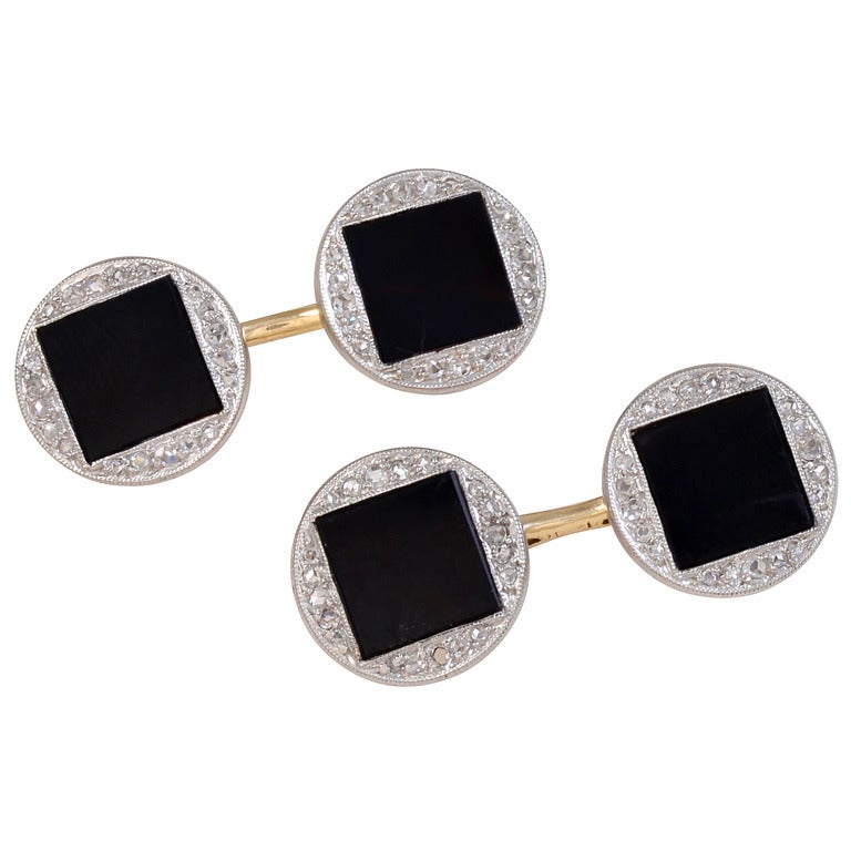 Onyx and Rose Diamond  Antique Cufflinks For Sale