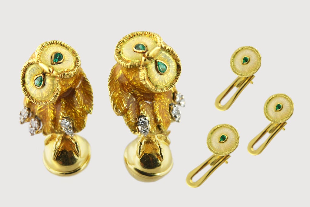 Tiffany & Co. figural owl cufflink stud set, 18kt gold set with emeralds and diamonds, with enamel.