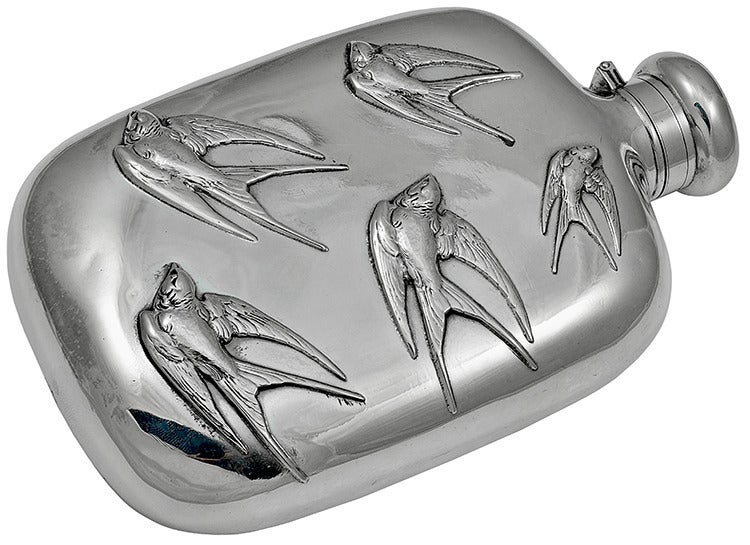 Sterling Silver flask with 5 applied swallows. Hinged cap. Inscribed on back, 