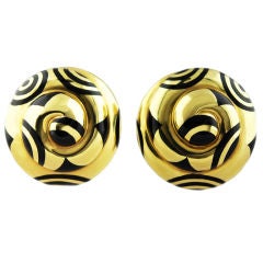 Spectacular Large Domed BlackEnamel Spiral Gold Earrings