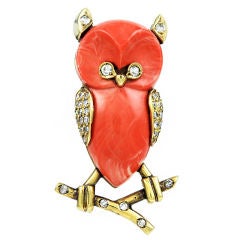 Vintage Coral Owl Pin Standing on a Branch
