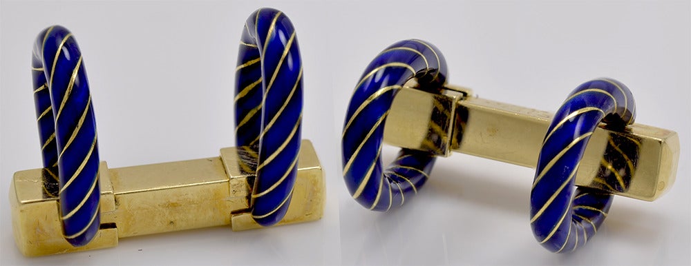 Striking cobalt blue enamel flip-up cufflinks. Set in 18K yellow gold. Easy mechanism to use. A polished look.

Alice Kwartler has sold the finest antique gold and diamond jewelry and silver for over 40 years.