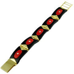 Art Deco Coral, Onyx and Diamond  18K Bracelet