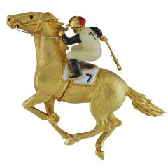 Vintage 18K Gold Enamel Horse and Jockey Pin