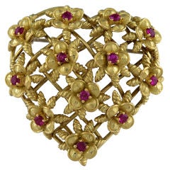Tiffany & Co. Ruby Gold Latticework Heart Brooch