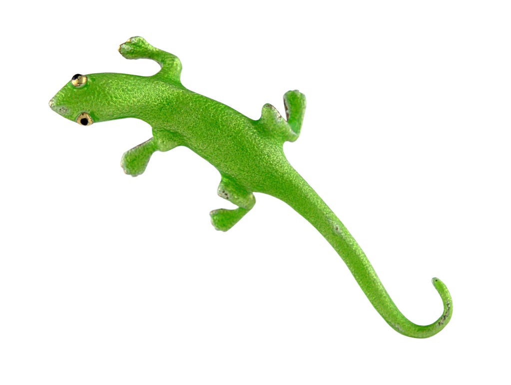 Most appealing 14K gold and lime green enamel pin. 
Charming little friend to wear on your shoulder.
2 inches long
Alice Kwartler has sold the finest antique gold and diamond jewelry and silver for over 40 years. Come and visit our magnificent