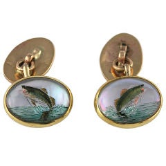 Reverse Painted  Crystal Trout Cuff Links